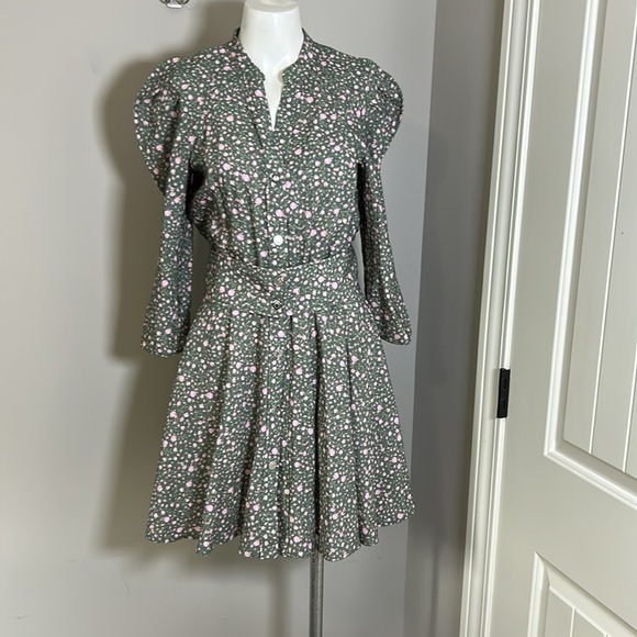 Maje Rakita Puff Sleeve Shirt Dress Green Pink Pleated Mini Floral Sz 38 US M - Picture 7 of 14